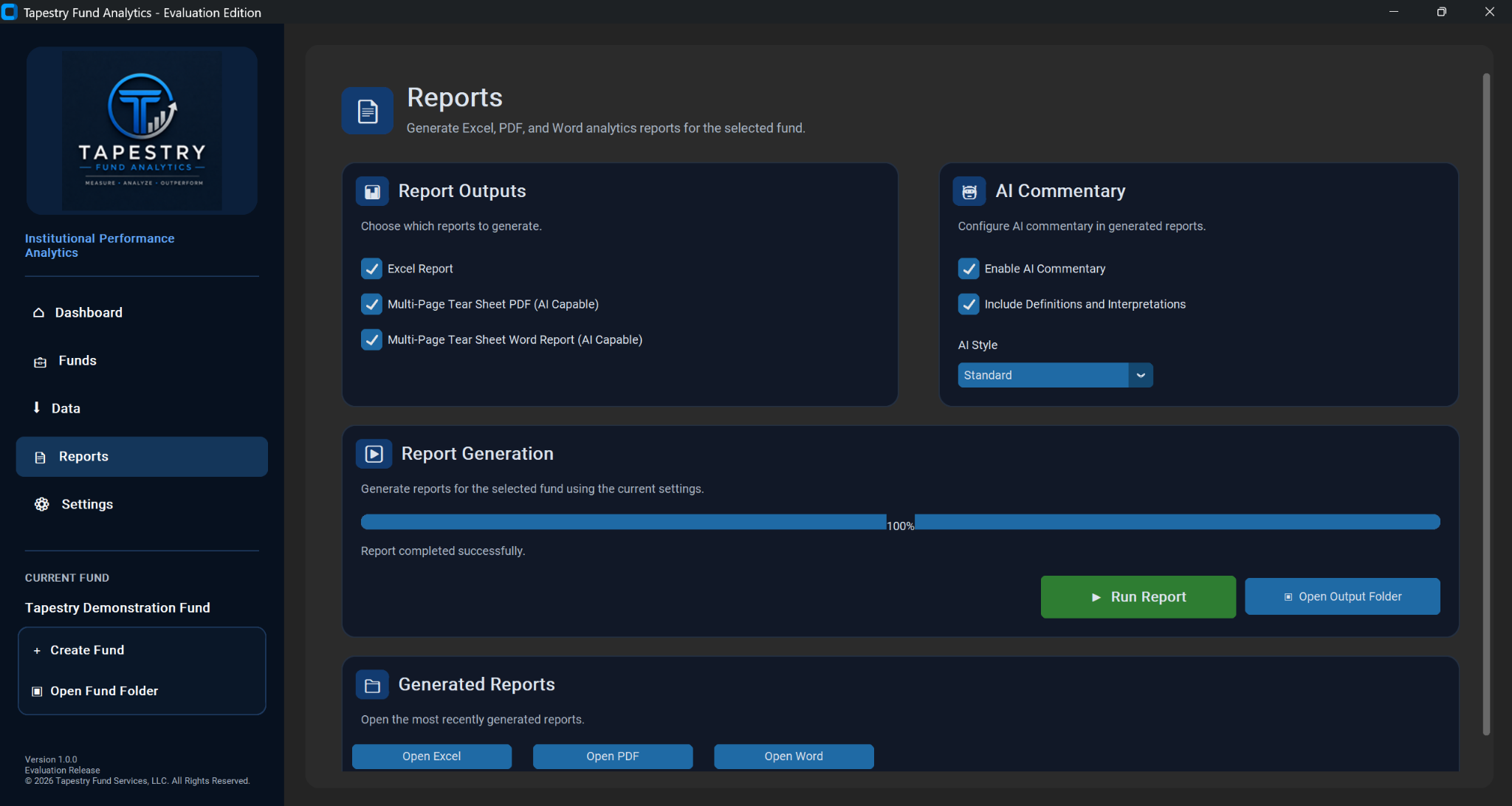 Report generation screen for Excel PDF and Word outputs